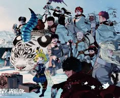 an image of some anime characters in front of a white tiger and other people with black hair