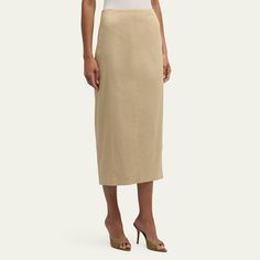 Veronica Beard "Kimpton" linen-blend midi skirt Mid-rise; sits high on the hip Pencil style Center back vent Back zip  Linen/viscose/elastane Lining: Polyester Dry clean Imported Knee-length Linen Bottoms For Workwear, Elegant Linen Pencil Skirt, Relaxed Fit Midi Pencil Skirt For Daywear, Beige Midi Length Bottoms For Daywear, Fitted Linen Knee-length Bottoms, Fitted Knee-length Linen Bottoms, Classic Midi-length Bottoms For Summer, Elegant Linen Lined Skirt, Elegant Linen Bottoms With Lined Skirt