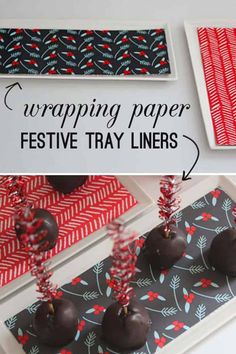 some chocolate covered apples sitting on top of a red and black table cloth with the words wrapping paper festive tray liners