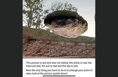 an image of a rock formation in the middle of a field with trees on it