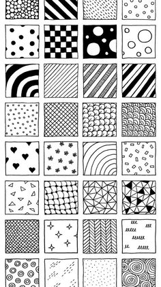 a black and white poster with different patterns