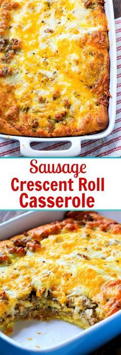 sausage and crescent roll casserole in a blue dish