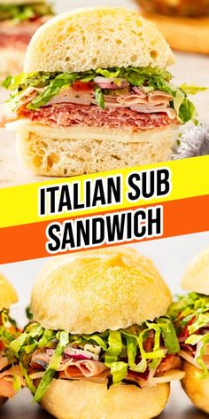 the italian sub sandwich is cut in half and stacked on top of each other with lettuce