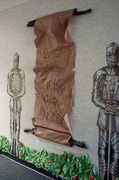 the wall is decorated with paper machs and some decorations are on top of it