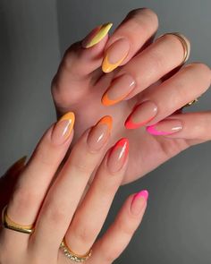 Are you looking for colored French tip nails to put a modern twist on a classic manicure? If so, you’ll love these 40 unique designs for your next nail set! For example, we love these pink to yellow ombre French nails. French Tip Nails Bright Colors, Orange Yellow Nails Summer, Cute Nail Patterns, Nail Neon Colors, Nail Bright Colors, Bright Colour Nail Designs, Colourful Nails For Summer, Bright French Tip Nails, Orange Trendy Nails