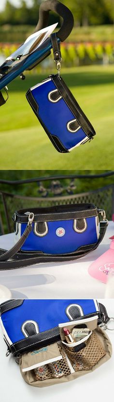 two pictures of the inside and outside of a blue purse with scissors hanging from it