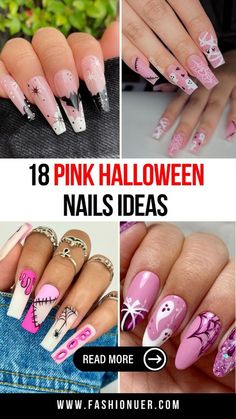 Pink Black Halloween Nails, Halloween Nail Designs Pink, Girly Spooky Nails, Simple Pink Halloween Nails, Pink October Nails, Halloween Pink Nails, Pink And Black Halloween Nails