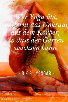 a woman is doing yoga in front of an orange background with the words b k s iyengar