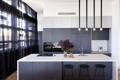 a modern kitchen with black and white decor