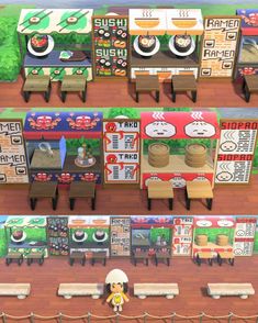 an animated image of some food stands and benches