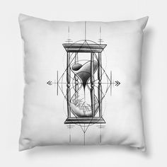 a black and white drawing of an hourglass on a pillow with arrows in the background