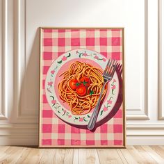 a painting of spaghetti and tomatoes on a plate