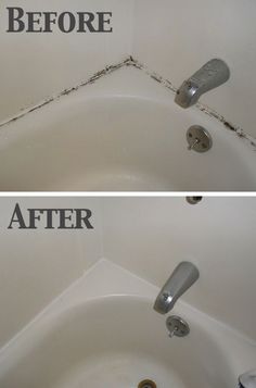 before and after pictures of a bathtub that needs to be cleaned with water from the faucet