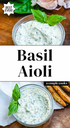 basil aioli in a glass bowl on top of a wooden table