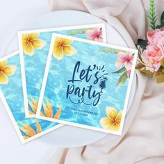 three greeting cards with watercolor flowers and the words let's party on them