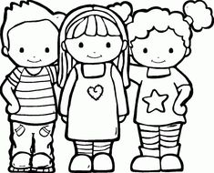 three children standing next to each other with hearts and stars on their chest, coloring page