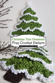 crochet christmas tree ornament free pattern with text overlay that reads, christmas tree ornament free crochet pattern