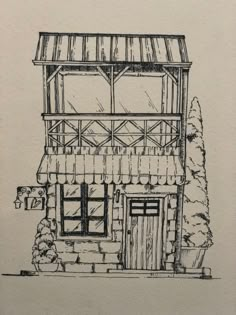 a drawing of a house with a porch and awning