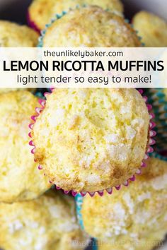 lemon ricotta muffins with text overlay