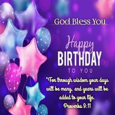 a happy birthday card with balloons and stars on purple, blue and pink background that says, god blessing you