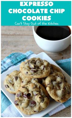 chocolate chip cookies on a white plate with a cup of coffee and napkin in the background