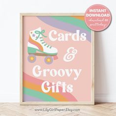 a poster with the words cards and grooy gifts on it in front of a wall