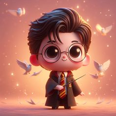 an animated harry potter character holding a wand in front of some white birds on a pink background