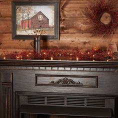 a fireplace in a cabin decorated for christmas