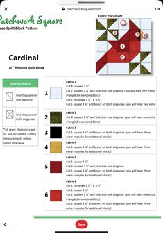 the instructions for how to make an origami quilt block with red and green squares