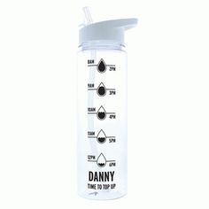 a glass water bottle with the words danny on it and instructions for how to drink