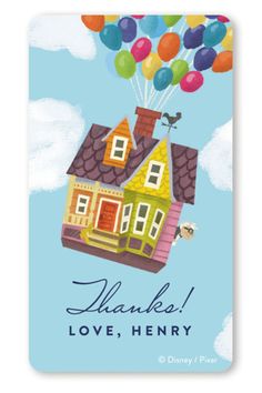 a card with a house and balloons floating in the sky, saying thank love henry