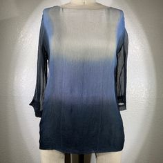 Artisan Made In Argentina Gradient-Ombr Double Ply Chiffon Silk Blue Silk Blouse For Evening, Blue Silk Evening Blouse, Chic Sheer Blue Blouse, Chic Blue Sheer Blouse, Blue Silk Summer Blouse, Blue Fitted Silk Tops, Fitted Silk Blue Tops, Fitted Blue Silk Tops, Blue Sheer Top For Evening