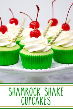 A cake plate stacked with Shamrock Shake Cupcakes. Shamrock Shake Cupcakes, Shamrock Cupcakes, Shamrock Shakes, Cup Of Cake, Green Desserts, Ice Cream Drinks, Shamrock Shake, Gateaux Cake, Homemade Whipped Cream