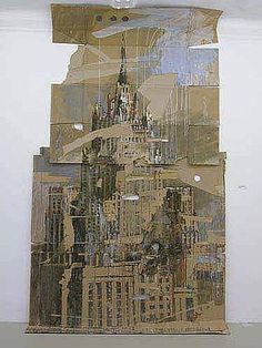 an altered photograph of a city with tall buildings