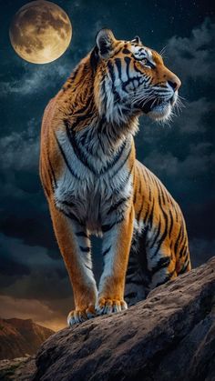 a tiger standing on top of a large rock under a full moon filled night sky