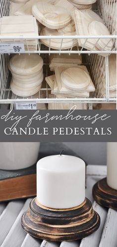 some candles and plates are on shelves in a store with the words diy for sandblage candle pedestals