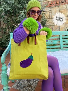 leather straps bag , hand embroidery eggplant , totes , tote bag , gift for women , bag for women