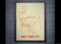 a subway map on a brick wall with the words new york city printed in red