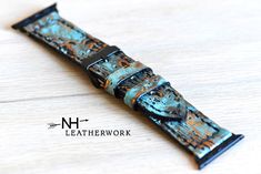 "Classic, real leather watch band for your Apple watch! This high quality, turquoise and black gold driftwood, embossed band is out of all 100% genuine cow hide and measures 1.25\" wide at the connectors and 7/8\" wide on the band. Length is 5.125\" on the shortest hole to 7\" on the longest. Lined for added comfort and longevity. Hand stitched with the saddle-stitch method for added strength. Edges are finished and coated for durability and a smooth, finished look. Apple watchband connectors ar Boho Turquoise Apple Watch Band, Sterling Silver Turquoise Apple Watch Band, Adjustable Turquoise Bohemian Apple Watch Band, Apple Watch Bands Leather Women Eestern, Country Apple Watch Straps, Leather Watch Bands, Photo Displays, Emboss, Apple Watch Bands