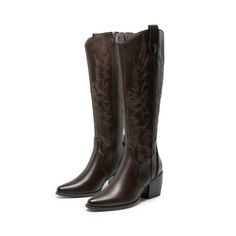 Let the rodeo come to you in these Dream Pairs women's Cowboy Knee High Boots. A decorative, embroidered finish looks sophisticated & chic. Enjoy a lift with a 2.8" cuban heel, while a comfortable insole offers greater cushioning and support. Pairs effortlessly with jeans, denim skirts, or leggings. Size: 7.5.  Color: Brown.  Gender: female.  Age Group: adult. Dark Brown Cowgirl Boots, Knee High Boots Brown, Womens Cowboy Boots, Western Medium Width Knee-high Boots, Western Knee-high Boots Medium Width, Western Brown Knee-high Boots With Snip Toe, Western Brown Knee-high Boots With Reinforced Heel, Boots Chunky, Cuban Heels