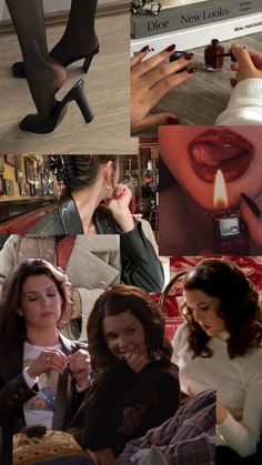 the collage shows many different images of women in high heels and sweaters, one with