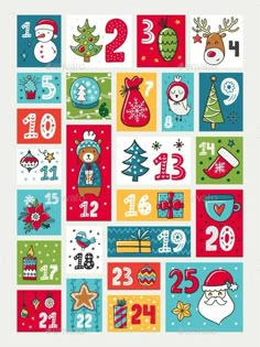 christmas calendar with numbers and icons in different colors - holidays seasons greetings cards & envelopes