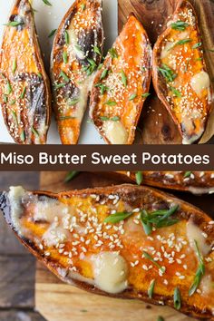 three different views of baked sweet potatoes with sesame seeds and seasoning on top, the other side shows how they are cooked