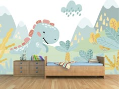 a child's bedroom with a dinosaur wallpaper and wooden flooring, including a bed