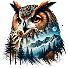 an owl with orange eyes is sitting in the woods and looking up at the sky