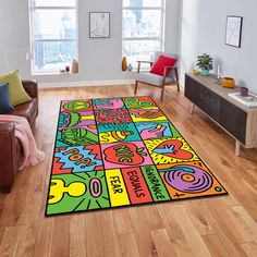 a brightly colored area rug in a living room