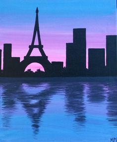 a painting of the eiffel tower at sunset