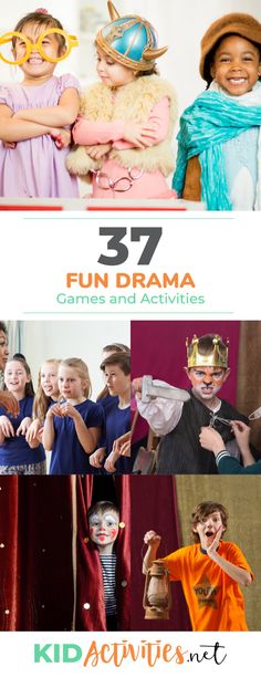 kids are dressed up in costumes and masks for the halloween party with text overlay that reads 37 fun drama games and activities