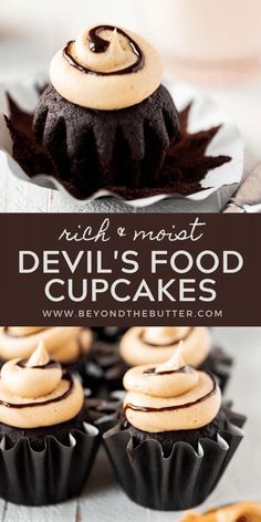 devil's food cupcakes with chocolate frosting and cinnamon swirl on top