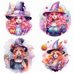 four different pictures of witches with pumpkins and hats on their heads, one is holding a